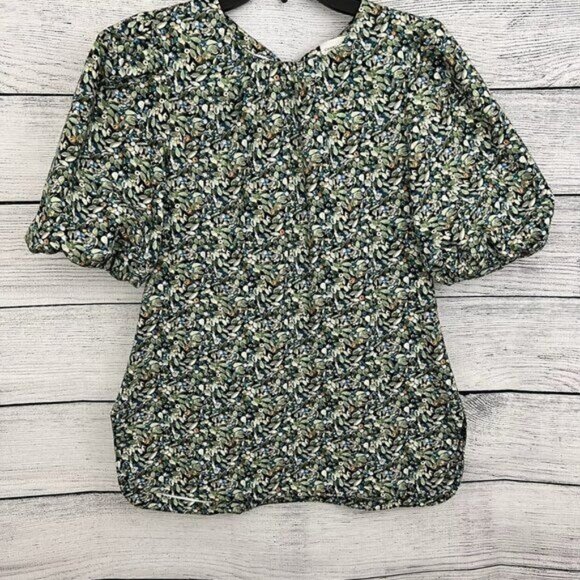 Charlotte Brody Leaf Print Puff Sleeve Top With Back Tie Size L - Picture 1 of 4
